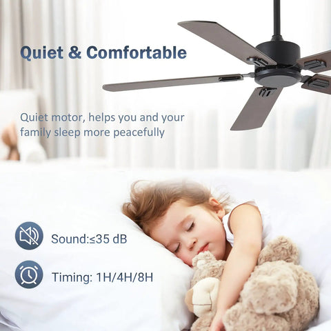 52 Inch Wood Dual Finish Ceiling Fan With Remote, Reversible DC Motor, 6 Speeds, Smart Timing, Child Sleeping Comfortably