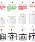 Comparison chart for Shark Rotator NV752 Replacement Filter sizes and compatibility with various vacuum models, showcasing filters and measurements.