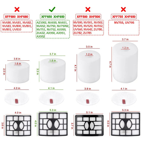 Comparison chart for Shark Rotator NV752 Replacement Filter sizes and compatibility with various vacuum models, showcasing filters and measurements.