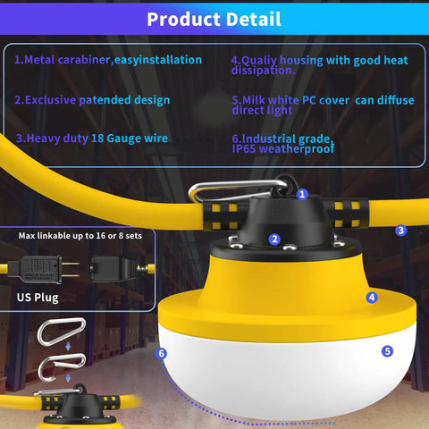 Heavy Duty Construction String Lights 100ft LED Work Light String With 10 Bulbs 100W Equivalent 14000 Lumens 5000K features