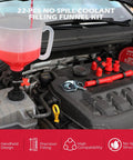 22 Piece No Spill Coolant Filling Funnel Kit With Siphon Hose Pump and Universal Radiator Refill Set in car engine.