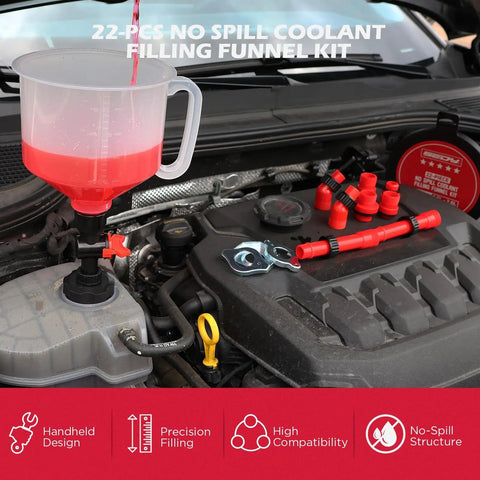22 Piece No Spill Coolant Filling Funnel Kit With Siphon Hose Pump and Universal Radiator Refill Set in car engine.