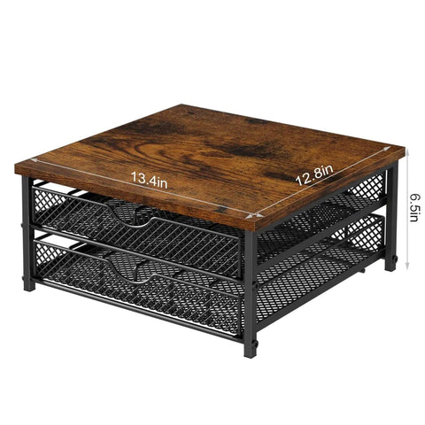 Two Tier K Cup Drawer Organizer For Coffee Pods With 72 Cup Capacity Space Saving Drawer Baskets in Industrial Brown and Black Finish