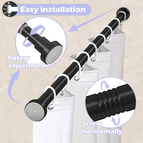 Heavy Duty Adjustable Tension Shower Curtain Rod In Matte Black No Drilling Easy Install Fits 18 To 49 Inches 1 Inch Diameter Anti Slip Strong Hold For Glass Tile Wood No Fuss shown with rotary adjustment and screw horizontally
