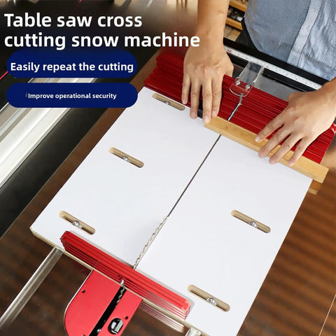 Crosscut Sled For Table Saw With Adjustable Aluminum Track And Composite Stopper Large Panel Capacity Woodworking Jig Router Sled Kit For Miter Slot Perfect For Accurate Repeated Cuts in use, showing hands guiding wood panel.