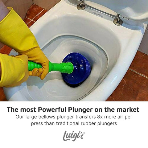 Using Water Powered Heavy Duty Toilet Plunger With Bellows Design Slim Targeted Nozzle in a white toilet bowl.