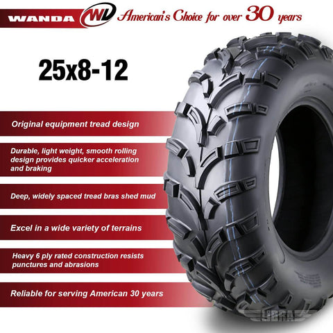 Heavy Duty 6 Ply Mud Tires for ATV UTV 25x8x12 Set of 2 With Deep Lug Tread 0.6 Inch Depth 6 Inch Rim Width Max Load 340 Lbs at 7 PSI