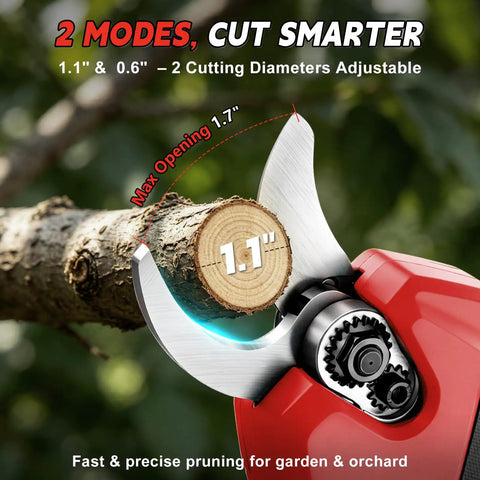 Rugged Electric Pole Pruner And Cordless Shears With Telescoping Rod quick one hand action cutting 1.1 inch limb close up.
