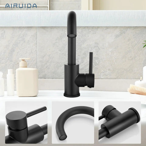 Matte Black Single Hole Bathroom Faucet With 360 Degree Swivel Spout on sink, 304 stainless steel vanity sink tap, one handle, RV friendly.
