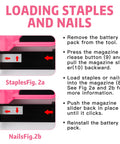 Instructions for loading staples and nails into Cordless 20V Brad Nailer And Stapler Kit With 18-Gauge, 2-In-1 Finish Nail Gun