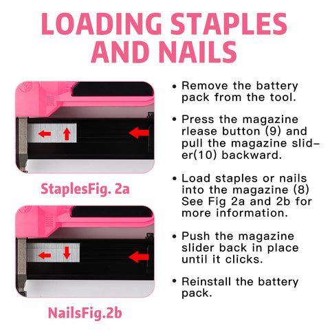 Instructions for loading staples and nails into Cordless 20V Brad Nailer And Stapler Kit With 18-Gauge, 2-In-1 Finish Nail Gun