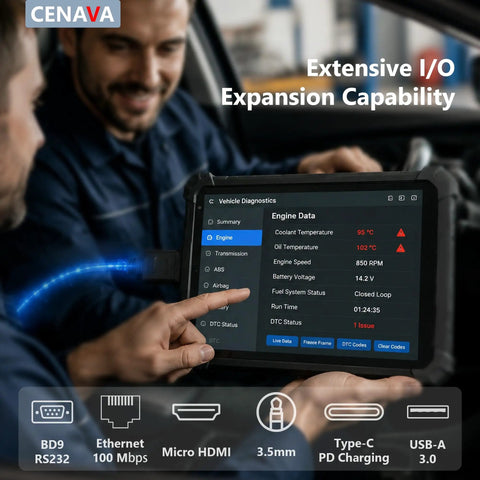 Heavy Duty 10.1 Inch Windows 11 Pro Rugged Tablet With Intel N5100 8Gb Ram 128Gb IP68 Waterproof Drop Proof displaying vehicle diagnostics in a car.