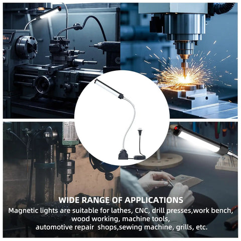 24W LED Work Light With Flexible Gooseneck And Screw Base, 2400 Lumen Industrial Lamp shown on lathe, CNC, drill press applications