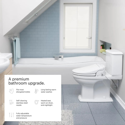 Premium Electric Bidet Seat For Elongated Toilets Featuring Heated Seat And Stainless Steel Nozzle With Warm Air Dryer Night Light And Gentle Close Lid Side Arm Control For A Hassle Free Bang For Buck Bathroom Glow Up in modern bathroom setting.