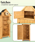 Outdoor Wooden Storage Shed With Safety Latch Teak Finish showing interior shelves and dual compartments, sloped roof.