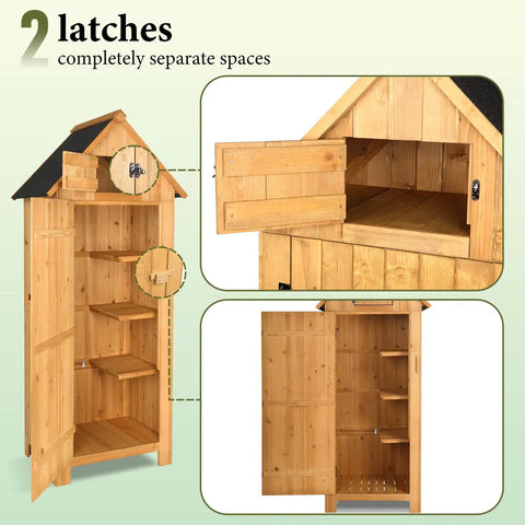 Outdoor Wooden Storage Shed With Safety Latch Teak Finish showing interior shelves and dual compartments, sloped roof.