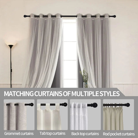 Five Eighth Inch Matte Black Heavy Duty Stainless Steel Curtain Rods You Can Extend From 48 To 92 Inches with white curtains displayed