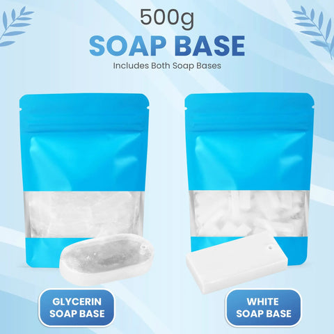 All-In-One Soap Making Kit With 900ml Stainless Steel Pot That Delivers Zero Mess, Drip-Free Melting Pot, 2-In-1 Silicone Molds, Clear And White Melt And Pour Base, DIY Soap Kit For Adults And Beginners With Thermometer, Mat, And Easy Pour Design showing glycerin and white soap bases in blue packaging.