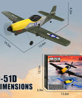 Image showing dimensions of RC P-51D Mustang, foam jet, 14.5in x 12.6in, with packaging. Beginner Friendly RC Plane With 2.4GHz 6 Axis Gyro.