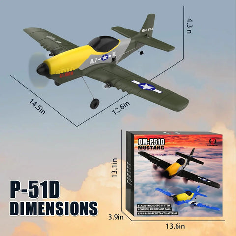Image showing dimensions of RC P-51D Mustang, foam jet, 14.5in x 12.6in, with packaging. Beginner Friendly RC Plane With 2.4GHz 6 Axis Gyro.