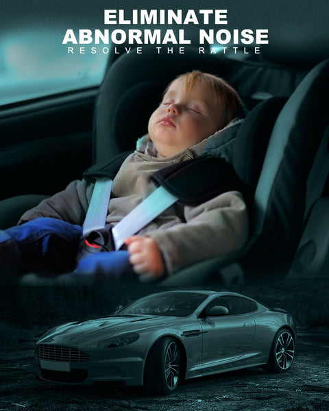 Sleeping baby in car seat with a car in the foreground, text "Eliminate Abnormal Noise, Resolve the Rattle"