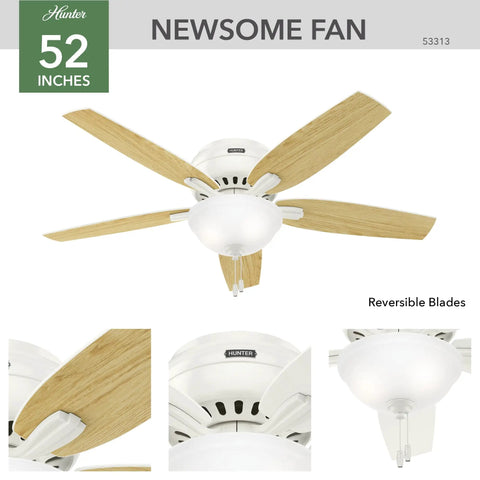52 Inch Indoor Ceiling Fan With LED Light White Fresh Finish Low Profile Flush Mount Pull Chain Five Blades Ideal For Bedroom