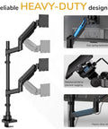 Rock Solid Dual Monitor Desk Mount Designed For Ultrawide Screens With Smooth Gas Spring Arms in heavy-duty steel with tilt features.