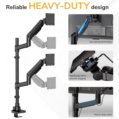 Rock Solid Dual Monitor Desk Mount Designed For Ultrawide Screens With Smooth Gas Spring Arms in heavy-duty steel with tilt features.