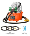 VEVOR 10000 PSI hydraulic pump front view, orange reservoir with gauge; includes three oil hoses and PTFE tape