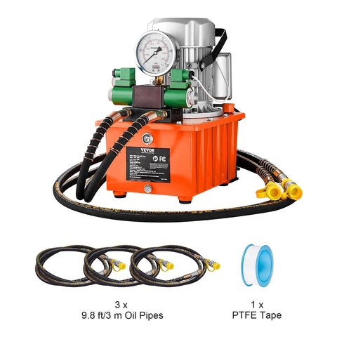 VEVOR 10000 PSI hydraulic pump front view, orange reservoir with gauge; includes three oil hoses and PTFE tape