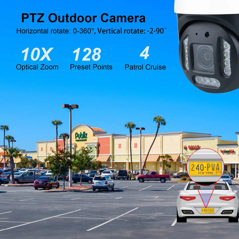 4K PTZ POE Outdoor Security Camera With 10X Optical Zoom Speed Dome AI Human And Vehicle Detection overlooking parking lot