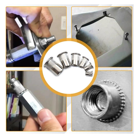 Forty Pack Flat Head Threaded Insert Nuts Made From Stainless Steel For Strong Holds On Metal Sheets Wood And Plastics With Knurled Body That Stops Spinning During Install For Super Durable Fixes shown in various angles.