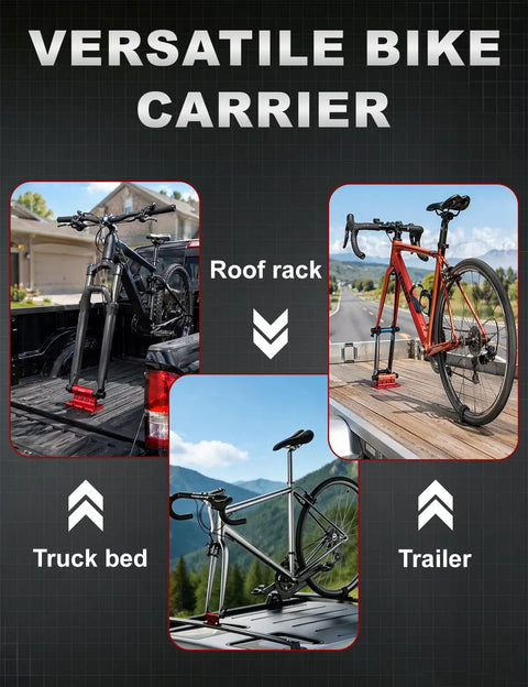 Truck Bed Bike Fork Mount With Four Adapters For 9x100mm QR 12x100mm 15x100mm And 15x110mm Boost Forks bike carrier in truck bed, roof rack, and trailer