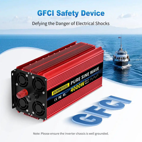Heavy Duty Beast Mode Pure Sine Wave Power Inverter Converts 12 Volt To 120 Volt With 4000 Watt Continuous Output And 8000 Peak Watts For Rv Campers And Homes, red aluminum casing with GFCI safety device.