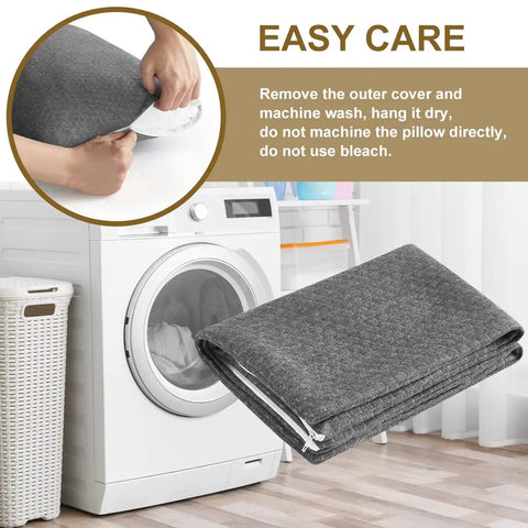 Travel Camping Pillow With Shredded Memory Foam cover by washing machine, showcasing easy care instructions.