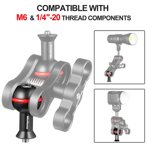 One Inch Ball Head Adapter With M6 And One Quarter Inch Threaded Studs Aluminum Alloy Rock Solid Fixed Ballhead Mount shown with attachments.