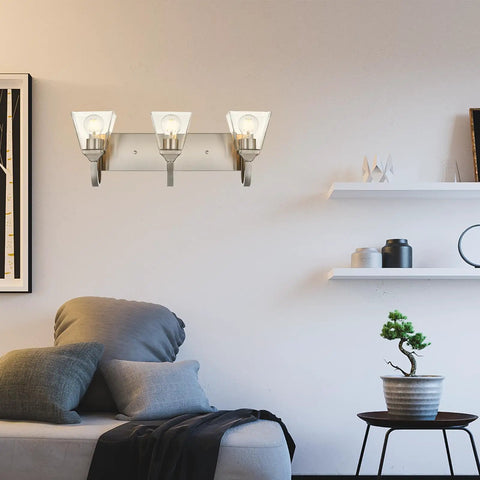 3 Light Modern Brushed Nickel Vanity Light Over Mirror Industrial Wall Sconce With Clear Glass Shades in living room