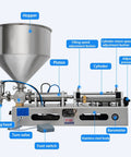 Heavy Duty Pneumatic Paste And Liquid Filling Machine Horizontal Bottle Filler with stainless steel hopper and filling head.
