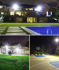 Two Pack 150W LED Flood Lights Outdoor illuminating a large house, swimming pool, and basketball court at night