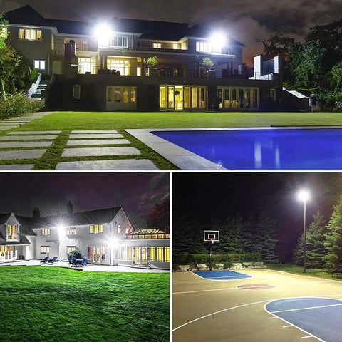 Two Pack 150W LED Flood Lights Outdoor illuminating a large house, swimming pool, and basketball court at night