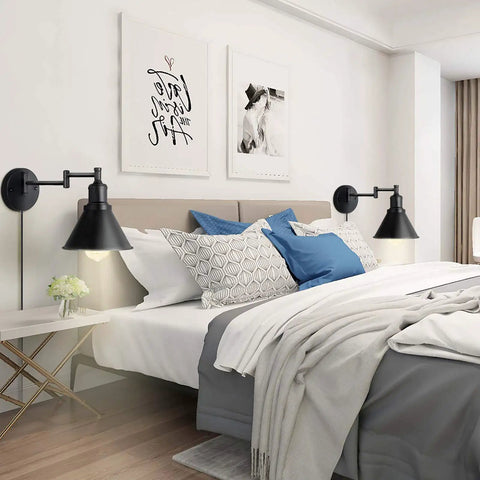 Bedroom showing 2 In 1 Plug In Or Hardwired Swing Arm Wall Light Sconce In Industrial Black Finish with adjustable arm over bed