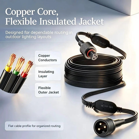 16 Foot Outdoor Extension Cord Featuring Built In Voltage Booster For Permanent Yard Lighting And Holiday String Cables Heavy Duty Weatherproof Wire Kills Flickering Perfect For Backyard Glow Ups And Rock Solid Power Setup with copper conductors and flexible jacket.