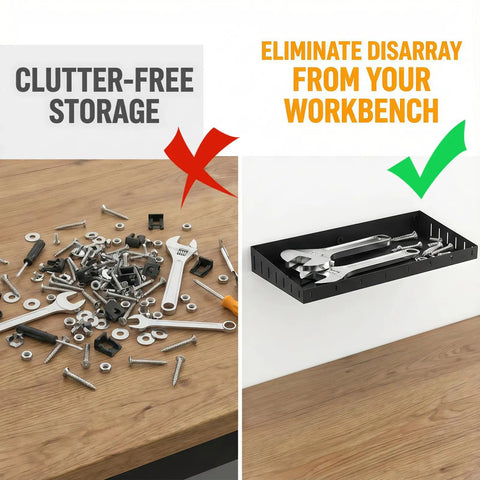 Comparison of cluttered vs. organized workbench using a wall-mounted tool organizer rack for garages and workshops