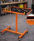 Rock Solid Portable Rolling Work Table With Adjustable Telescoping Post 37.7 To 45 Inches, Tool Tray On Wheels, 200 Pound Capacity For Shop Garage DIY Projects, Orange visible in a garage setting with tools on tray.