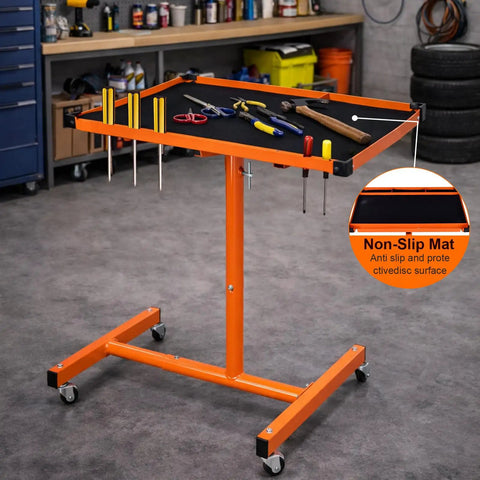 Rock Solid Portable Rolling Work Table With Adjustable Telescoping Post 37.7 To 45 Inches, Tool Tray On Wheels, 200 Pound Capacity For Shop Garage DIY Projects, Orange visible in a garage setting with tools on tray.