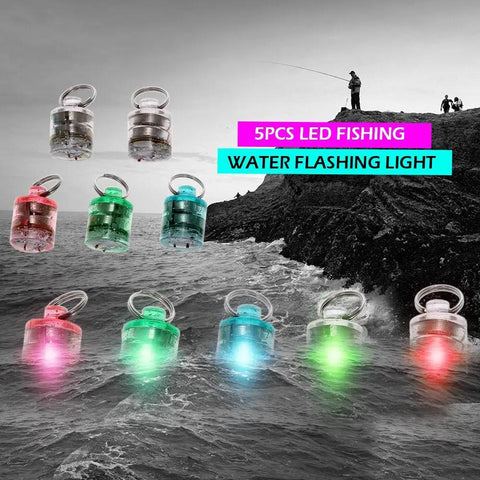 5 Pack LED Fishing Lights For Deep Water Drops shown near cliff, various colors, water activated, used for squid bait lure
