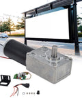 Beefy 12V DC Worm Gear Motor With 8mm Output Shaft and accessories in front of a blank billboard for DIY projects.
