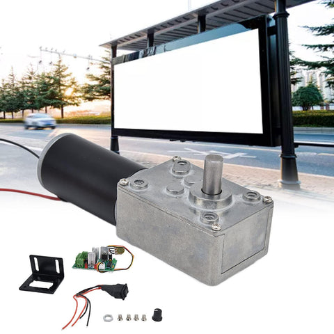 Beefy 12V DC Worm Gear Motor With 8mm Output Shaft and accessories in front of a blank billboard for DIY projects.