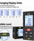 Pro Grade Laser Tape Measure, 328 Ft Digital Distance Meter With Bubble Level showing display unit options and bubble level accuracy.