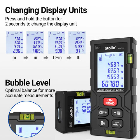 Pro Grade Laser Tape Measure, 328 Ft Digital Distance Meter With Bubble Level showing display unit options and bubble level accuracy.